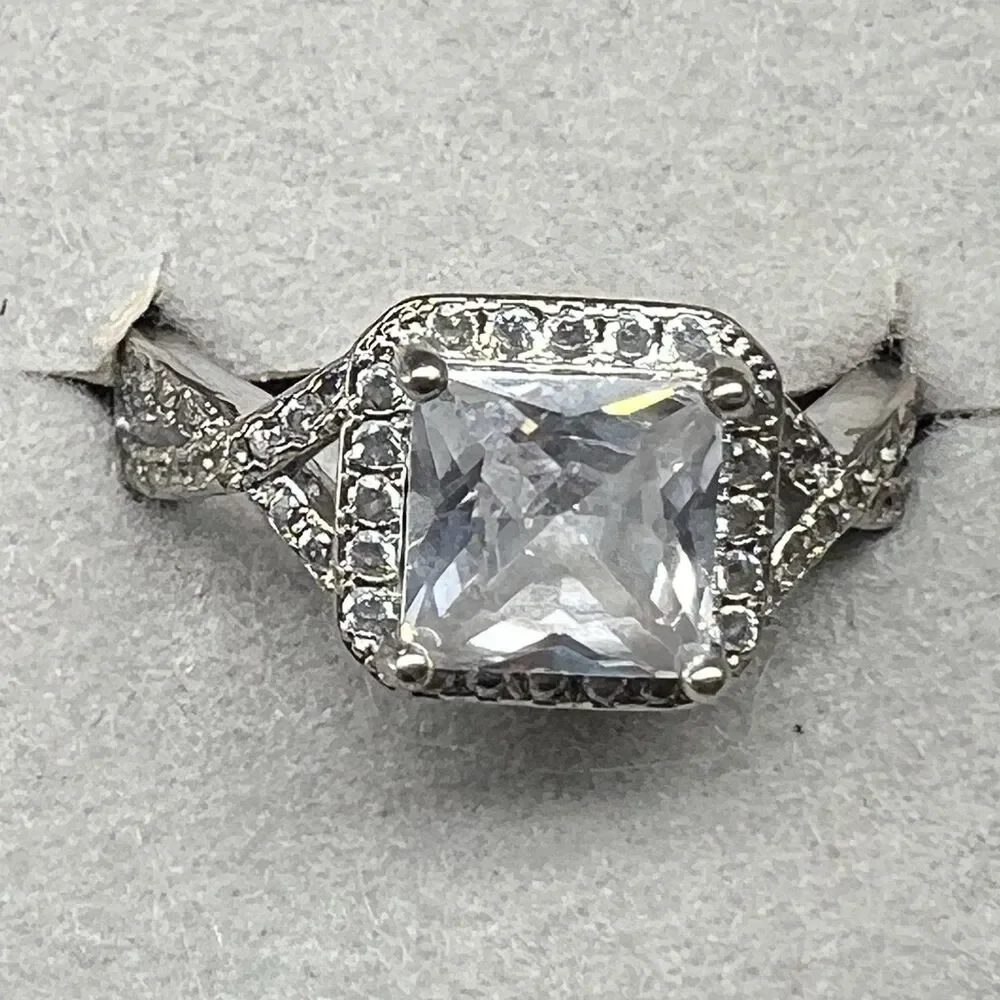 Princess Cut Solitaire Engagement Ring -Sterling Silver- Cubic Zirconia Sz 7